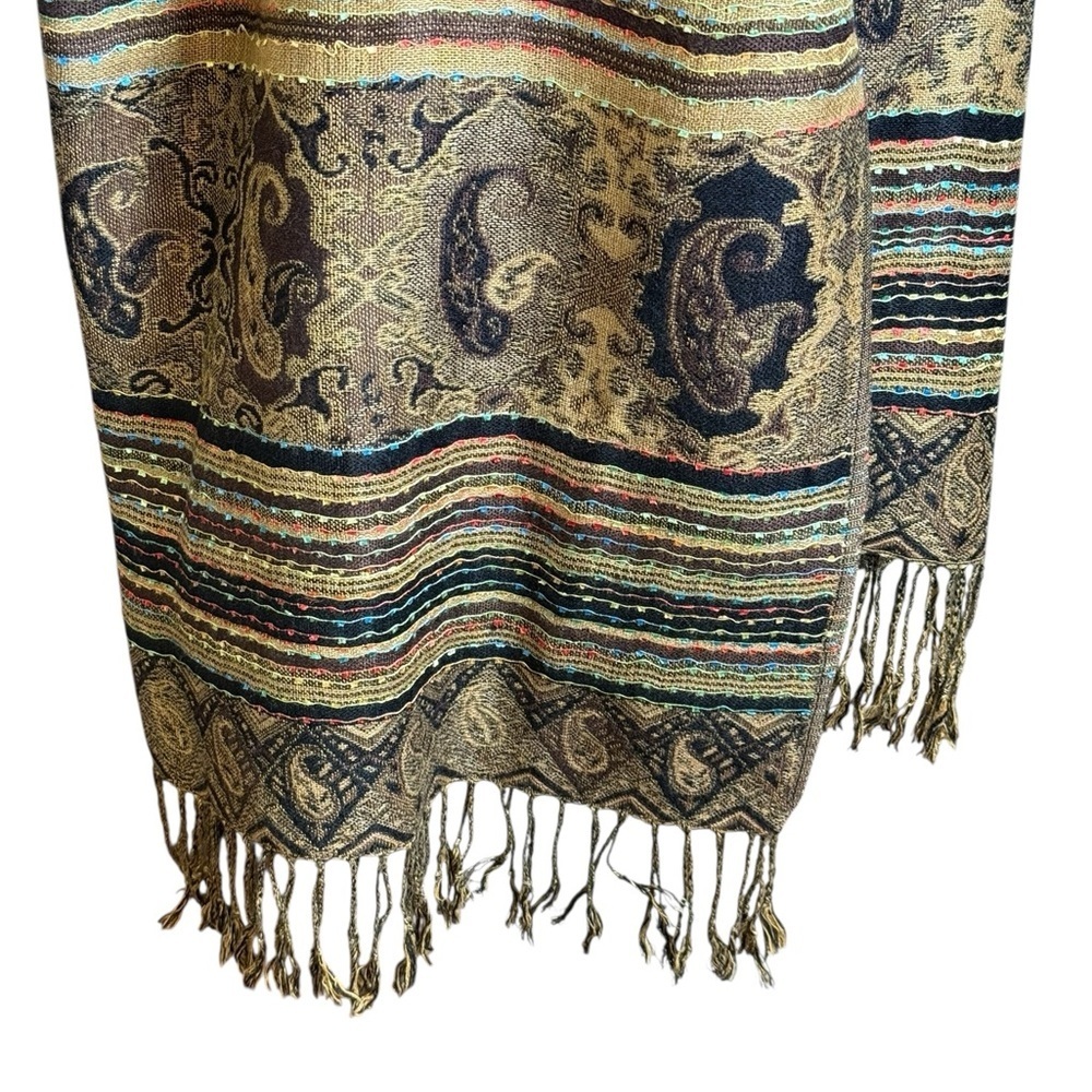Vintage Echo-Style Paisley Metallic Fringe Scarf Shawl – Boho Chic - Picture 5 of 6